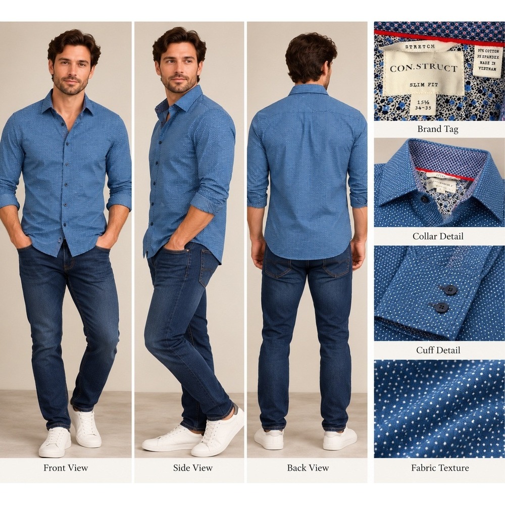 Con.Struct Button Down Mens 15.5 Blue Excellent Quiet Luxury Minimalist Stretch